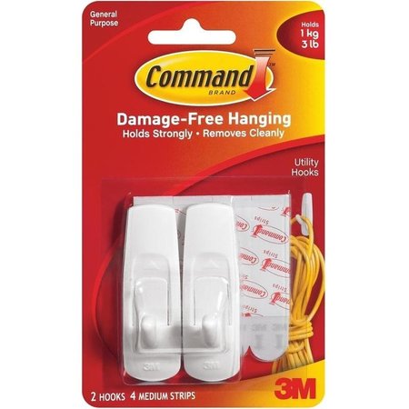 COMMAND Utility Hook, 3 lb, 2Hook, Plastic, White 17001